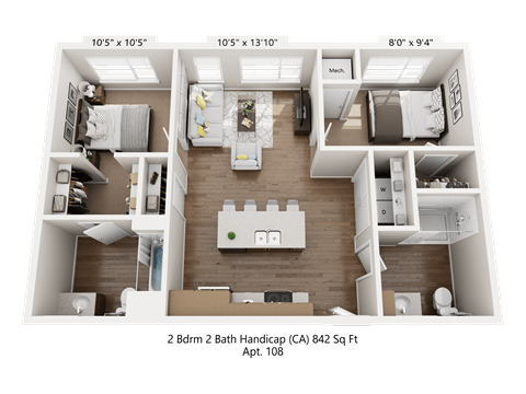 Floor plan for 2 beds, 2 baths, 842 sqft